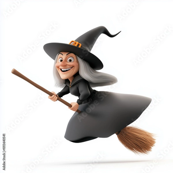 Fototapeta A friendly cartoon witch in a pointy hat, flying on her broomstick with a cheerful smile, set on white.