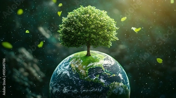 Fototapeta vibrant green tree stands atop miniature Earth, symbolizing nature and environmental harmony. scene is filled with floating leaves, creating serene and uplifting atmosphere