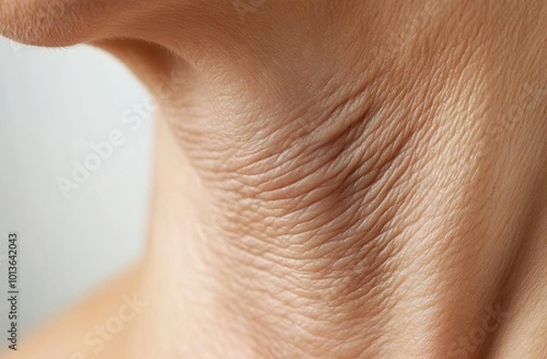 Fototapeta Close-up of the neck area, showing dry skin with fine lines and wrinkles around the collarbone area