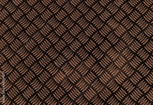 Fototapeta Copper colored diamond plate, also known as checker plate, tread plate, cross hatch kick plate and Durbar floor plate, wide shot in landscape orientation.