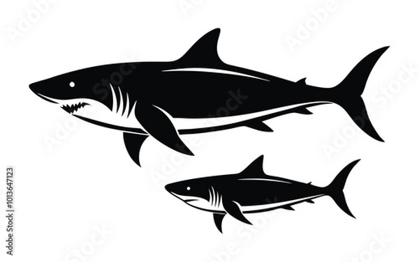 Fototapeta Set of Shark Silhouettes with Cosmic and Minimalist Design on white background