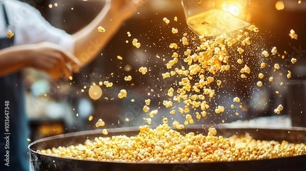 Fototapeta A popcorn vendor popping fresh kernels in a bustling marketplace, golden corn spilling over, [Business of Popping Corn Day], [street food, popcorn industry], ,