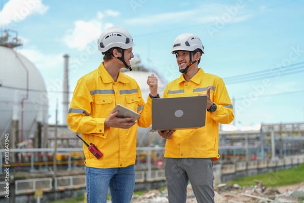 Fototapeta portrait young diverse engineer in hardhat using computer devices for discussion while inspection in oil refinery industry