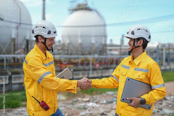 Fototapeta portrait young diverse engineers in hardhat holding  computer devices,doing handshake after finish inspection in oil refinery industry