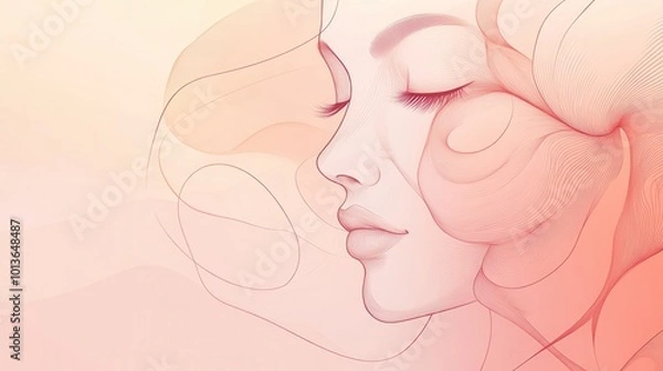 Fototapeta Flowing lines create a delicate rose petal that morphs into the outline of a woman’s tranquil face in gentle colors. Generative AI