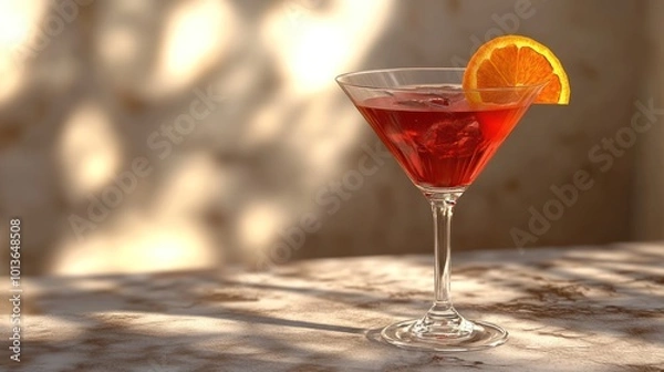 Fototapeta A vibrant cocktail with an orange slice, set against a softly lit background.