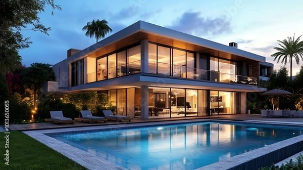 Fototapeta A large, modern house with a pool and lush landscaping.

