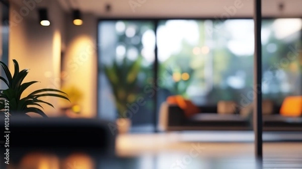 Obraz A modern living space featuring plants and comfortable seating, designed for relaxation.