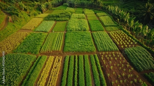 Fototapeta Aerial View of Diverse Crops in a Lush Farmland