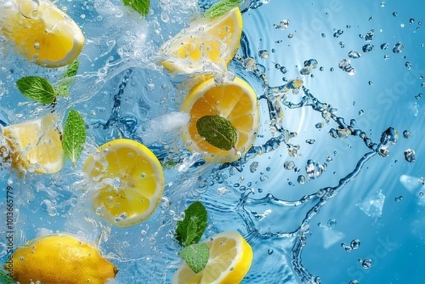 Obraz Splash of water with lemon and mint leaves against blue background, high resolution, advertising design, dynamic movement, elegant scene, water splashes, refreshing and vibrant