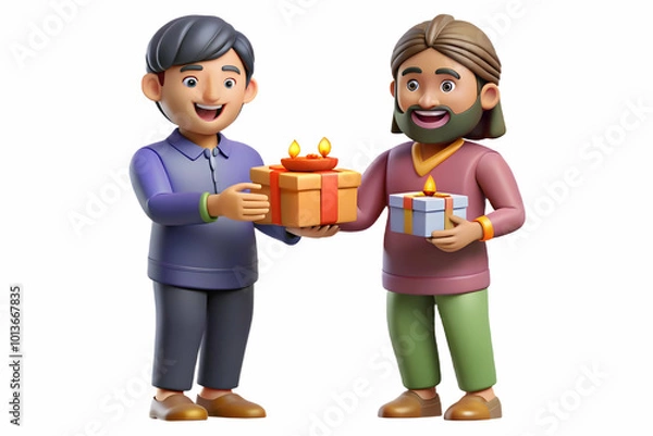Fototapeta Flat Candid shot of friends exchanging Diwali gifts with glowing expressions and festive lighting in the background concept as A candid image capturing friends exchanging Diwali gifts with glowing exp