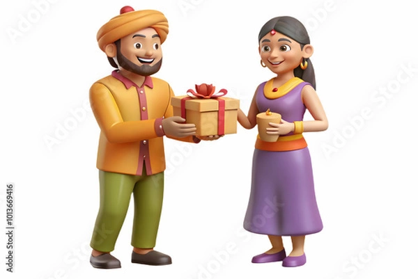 Fototapeta Flat Candid shot of a couple exchanging Labh Pancham greetings concept as A candid capture of a couple warmly greeting each other with folded hands during Labh Pancham. The scene is simple yet profoun