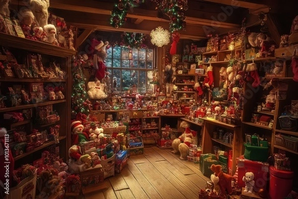 Fototapeta Santa's workshop filled with toys and gifts.