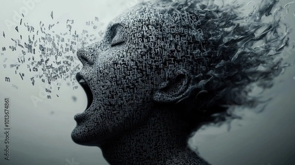 Fototapeta A female figure with a cascade of letters emanating from her mouth, symbolizing expression and creativity.