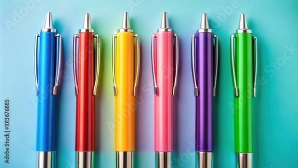 Fototapeta Collection of five pens in various colors perfect for back to school supplies on background, pens, back to school