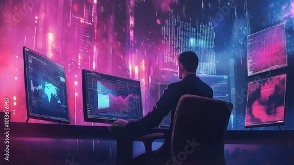 Fototapeta A focused male analyst of Asian descent monitors multiple screens displaying vibrant data visuals in a futuristic setting.