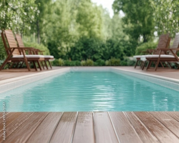 Fototapeta Escape to Tranquility Poolside Paradise with Sunshine, Gentle Breeze, and the Soothing Sound of Water Relax and Unwind in Sun-Soaked Peace, Surrounded by Lush Greenery The Perfect Setting for