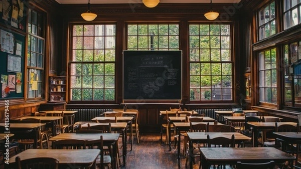 Obraz Empty classroom interior with wooden desks, large windows, and chalkboard.