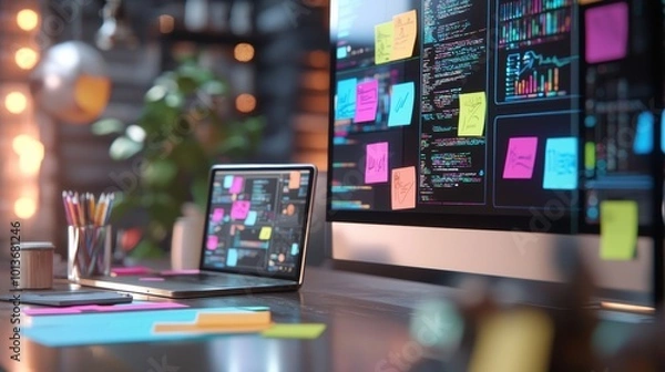 Fototapeta Vibrant Digital Workspace Featuring AI Assistant