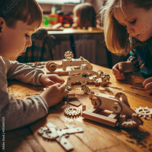 Fototapeta Children are engrossed in constructing intricate wooden models on a table, learning through play in a warm, inviting setting.