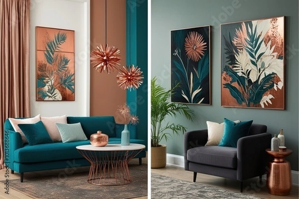 Fototapeta Stunning Botanical Wall Art for Home Decor Featuring Vibrant Copper Teal Cream and Charcoal Colors