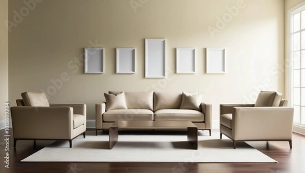 Fototapeta Modern Living Room with Beige Sofa Set and Minimalist Wall Art
