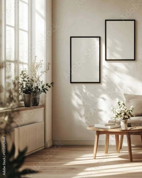 Fototapeta A cozy living room with soft natural light filtering through a window, featuring empty frames and lush plants.