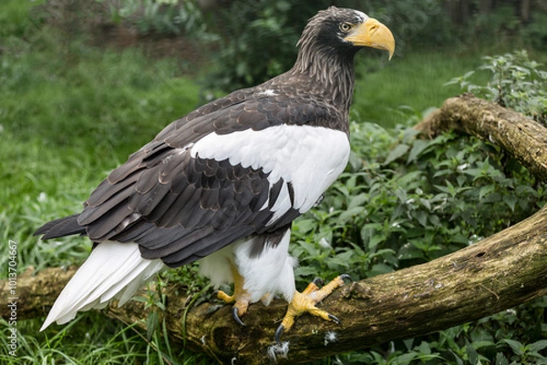 Fototapeta A Steller's sea eagle (Haliaeetus pelagicus) sits on a fallen tree in the forest