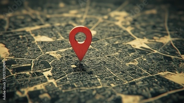 Obraz A red location pin is prominently displayed on a city map, highlighting a specific area for potential exploration and navigation. The map features intricate street details