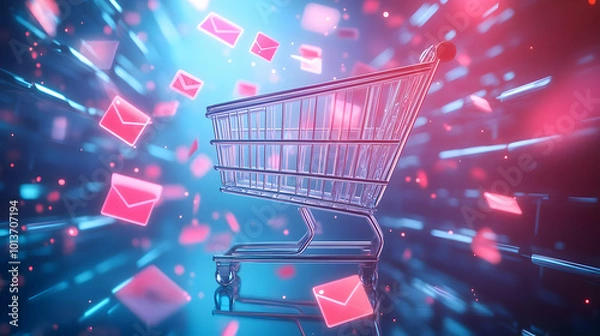 Fototapeta 3D Glossy Background of Floating Shopping Cart with Glowing Email Notifications for Cyber Monday Deals - Modern Online Sales Concept