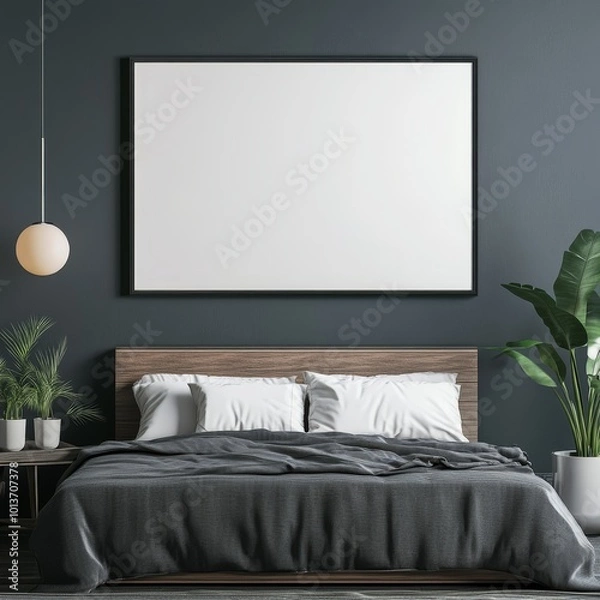 Obraz A modern bedroom highlighted by a dark tone, lush plants, and a large blank frame over a wooden bed, creating a relaxing space.