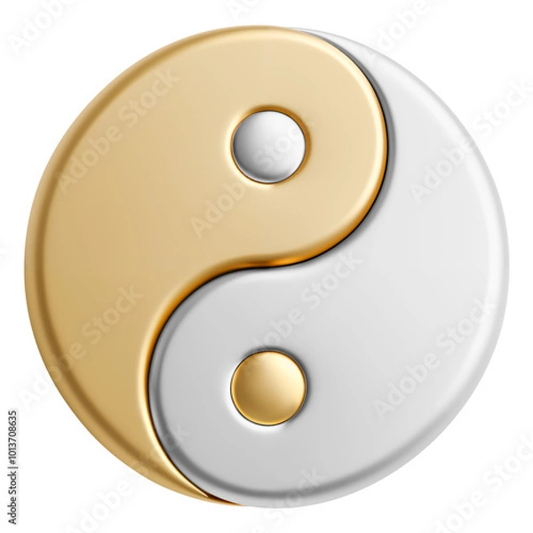 Fototapeta Golden and silver metallic Yin Yang symbol isolated on transparent background. Elegant decorative emblem
