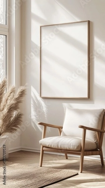 Fototapeta A serene space features a plush armchair and pampas grass, with sunlight streaming in, creating a bright, tranquil atmosphere.