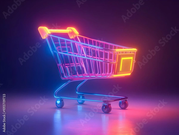 Fototapeta Flat Isolated Shopping Cart Icon with Glowing Sale Tag - Perfect for Cyber Monday Infographics, Minimalistic Design on White Background