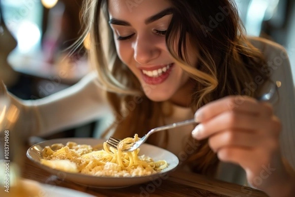Fototapeta Young woman seated at dining table eating pasta with fork. Cozy restaurant atmosphere with white tablecloth, glass of water. Blurred background of diners, window with view of trees. Woman enjoys