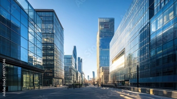 Fototapeta A sleek business district featuring tall glass buildings reflecting the sunrise, creating a serene and modern urban environment with a clear sky.
