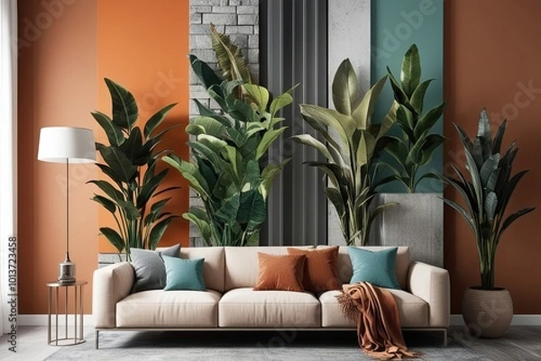 Fototapeta Vibrant Plant Facade Art on Canvas for Contemporary Interior Design in Tangerine Stone Grey Muted Teal and Bronze