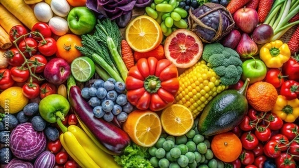 Fototapeta A colorful collection of vibrant fruits and vegetables arranged creatively to showcase health and wellness, enticingly illustrating natureâ€™s bounty with a delightful array of colors.
