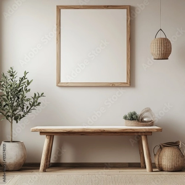 Fototapeta This image features a rustic wooden bench alongside a plant in a minimal entryway, blending natural tones and textures.