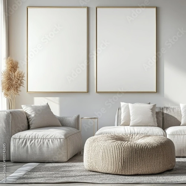 Obraz Modern living room featuring empty frames, comfortable seating, and decorations, creating a cozy atmosphere.