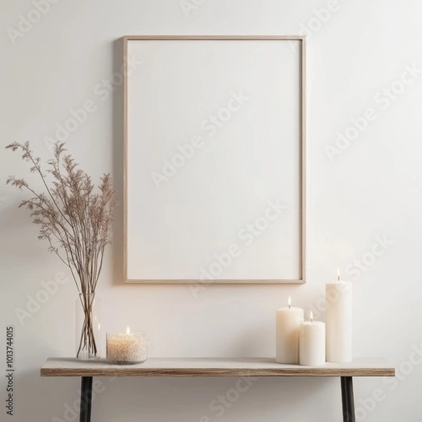Fototapeta Minimalist white frame with candles and dried flowers on a wooden table against a white wall, evoking calm and tranquility.