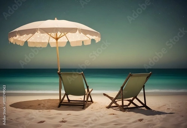 Fototapeta A white beach umbrella and lounge chair floating in a calm