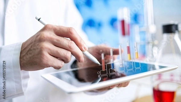 Obraz A close-up of a chemist's hand using a stylus to manipulate a virtual 3D model of a molecule on a touchscreen, demonstrating molecular interaction analysis.