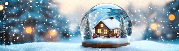 Fototapeta Floating Snow Globe with Miniature Winter Scene Featuring Snow-Covered Trees and Cabin - Perfect for Festive Promotions and Holiday Designs in Stock Photography