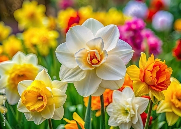 Fototapeta Lively blooms of gardenia and daffodil showcase radiant colors, set against a gently softened garden background that highlights their exquisite beauty and grace.