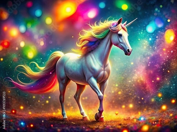 Fototapeta Sparkling Unicorn with Colorful Rainbow Background in a Magical Fantasy World for Dreamy Decor