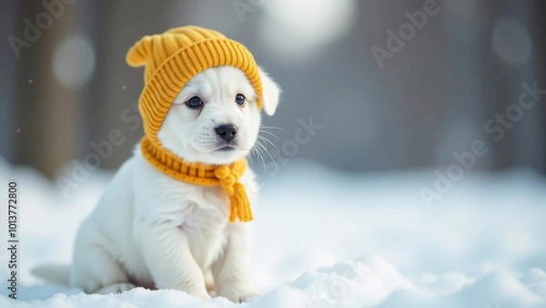 Obraz Cute little white puppy in a yellow hat on a snow background. Clothes for dogs.