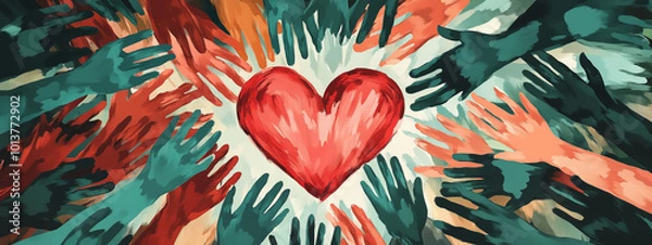 Fototapeta Abstract illustration of various hands forming with all hands a heart. The design conveys unity, community support or group collaboration 