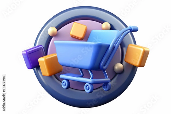 Fototapeta Futuristic Shopping Cart Icon with Glowing Sales Tags on Flat Glossy Background for E-commerce Promotions - Cyber Monday Concept