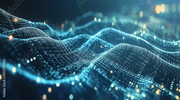 Fototapeta Abstract neon futuristic digital wallpaper with flow mesh wave with blue bokeh dots on black background. depicting: future technology, cloud storage, cyberspace and cybersecurity concepts